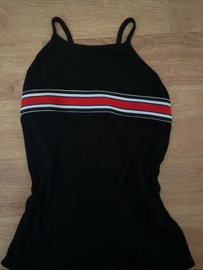 Black Ribbed Tank Bodysuit with Red Stripe